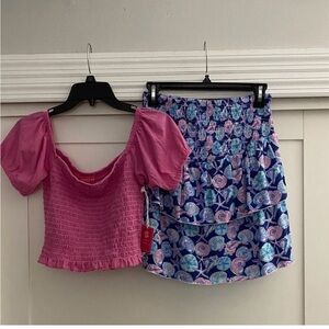 New simply southern pink top with blue seashell tier skirt ( nwot) size medium